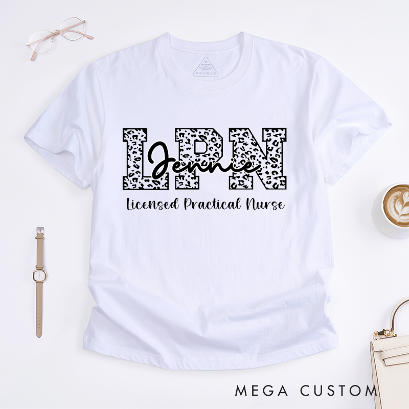 Personalized Trendy LPN T-Shirt with Leopard Print "LPN" and Personalized Typography Design Gift for Nurse