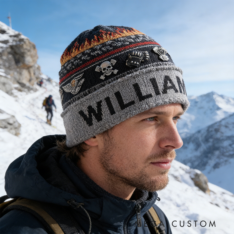 Personalized Biker Gifts Custom Name Flame Engine Beanie Hat Motorcycle Lover Knit Cap Racing Rider Winter Hat