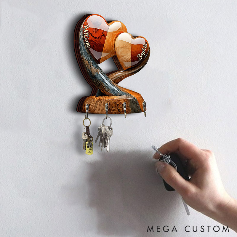 Personalized Couple Two Intertwined Hearts Wooden Key Holder Custom Shaped Graphic 3D Printed Effect Key Hanger Anniversary Valentines Day Gift