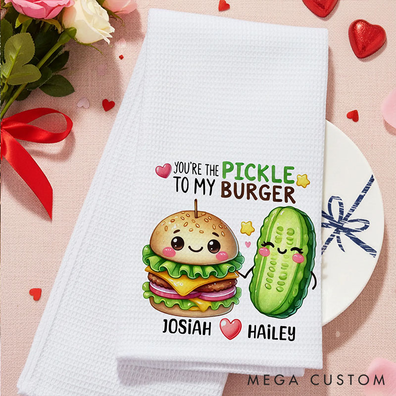 Personalized Cute Food Pattern Tea Towel with Name Custom Kitchen Towel Anniversary Valentine's Day Gift for Couple