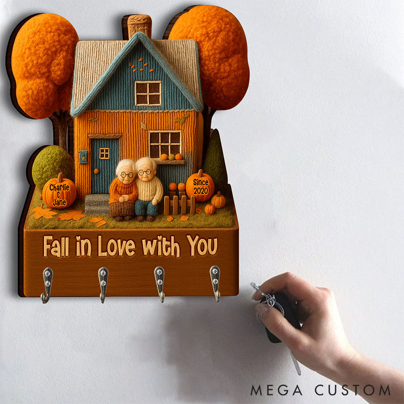 Personalized Old and Young Couple Fall in Love with You Wooden Key Holder Custom Shaped Graphic 3D Printed Key Hanger Anniversary Valentine's Day Gift