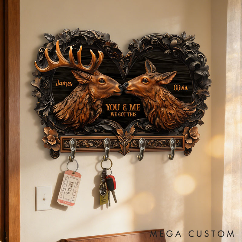Personalized Deer Couple You and Me We Got This Wooden Key Holder Custom Shaped Graphic 3D Printed Key Hanger Anniversary Valentine's Day Gift