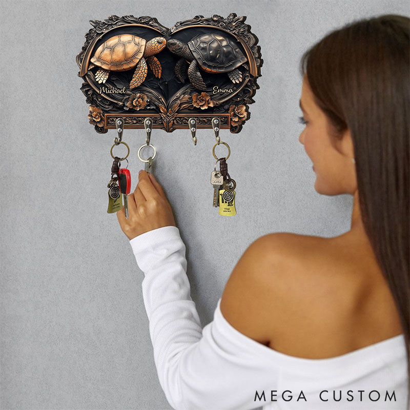 Personalized Turtle Couple Retro Wooden Key Holder Custom Shaped Graphic 3D Printed Key Hanger Anniversary Gift Valentine's Day Gift for Him Her