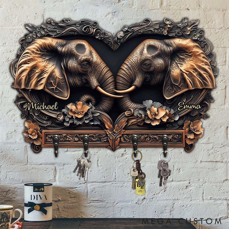 Personalized Elephant Couple Retro Wooden Key Holder Custom Shaped Graphic 3D Printed Key Hanger Anniversary Gift Valentine's Day Gift for Him Her