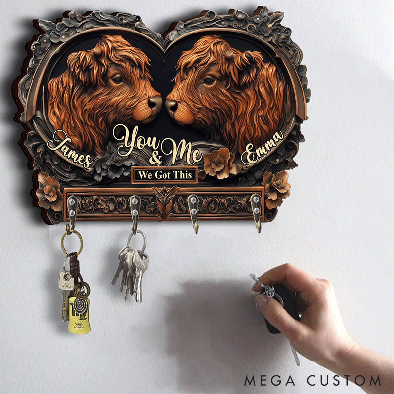 Personalized Highland Cow Couple You and Me We Got This Wooden Key Holder Custom Shaped Graphic 3D Printed Key Hanger Anniversary Valentine's Day Gift
