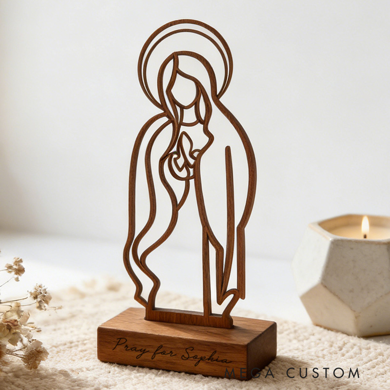 Personalized Inspirational Virgin Mary Art Wooden Plaque with Engraved Text Desktop Decor Birthday Religious Baptism Gift for Christian Family