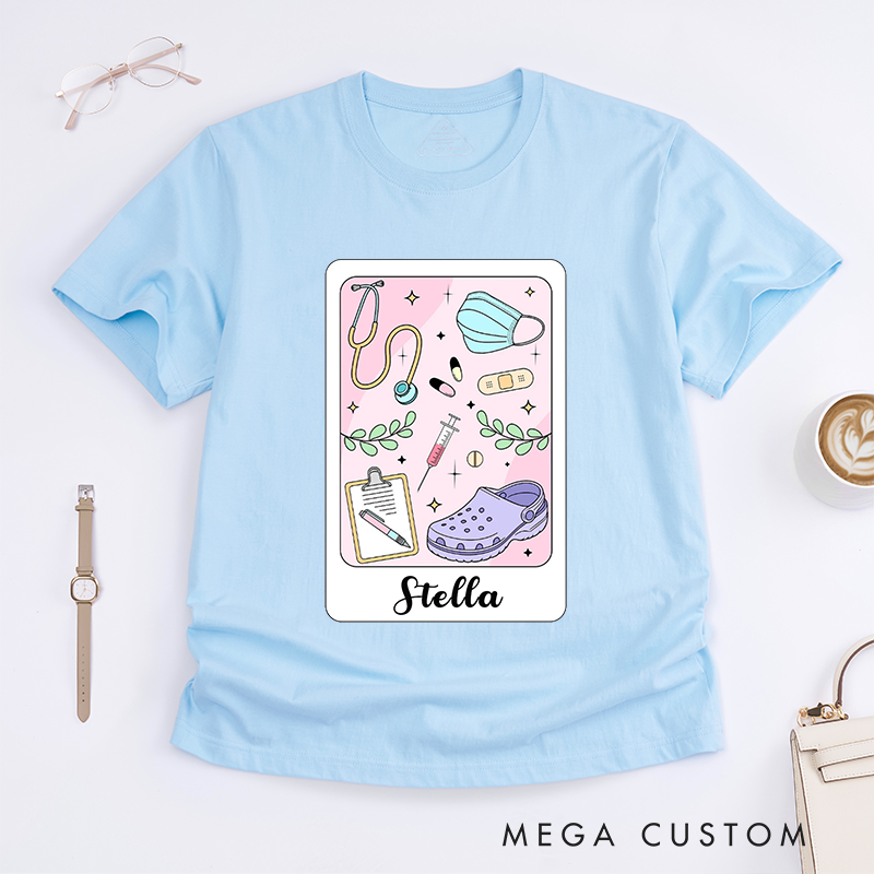 Personalized Pastel Nurse T-Shirt with Cute Medical Icons and Personalized Design Gift for Nurse