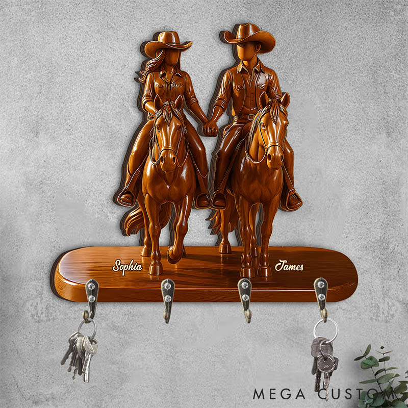 Personalized Cowgirl Cowboy Couple Riding Partners For Life Wooden Key Holder Custom Shaped Graphic 3D Printed Key Hanger Valentine's Day Gift