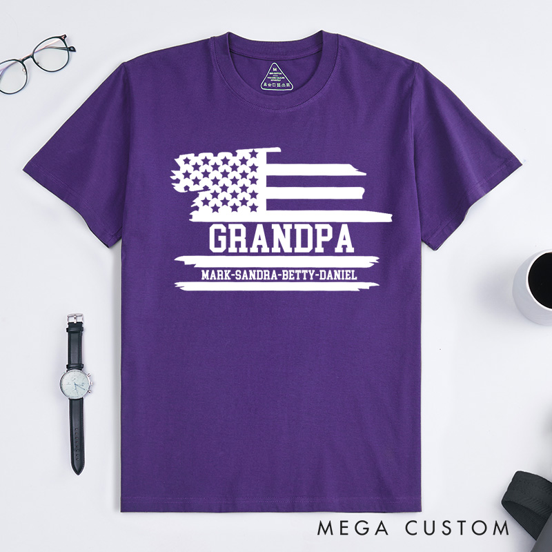 Personalized Grandpa Flag T-Shirt with Grandkids Names Gift for Grandfather Father's Day Birthday Comfortable Cotton Shirt for Men