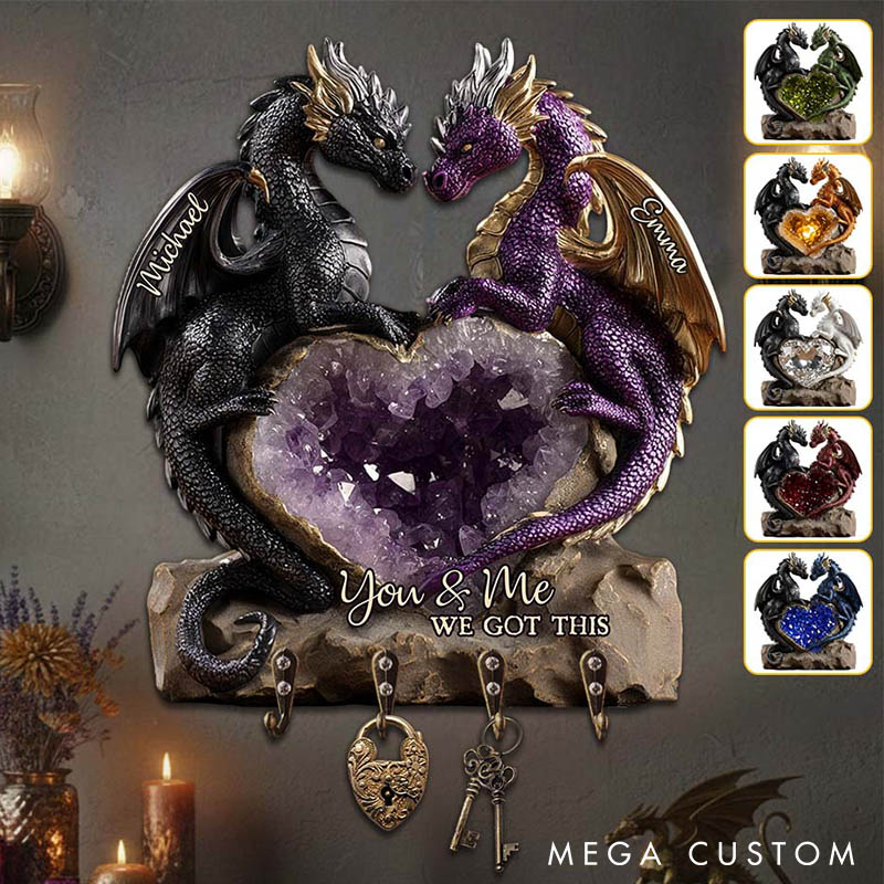 Personalized Retro Dragon Couple You and Me We Got This Wooden Key Holder Custom Shaped Graphic 3D Printed Key Hanger Anniversary Valentine's Day Gift