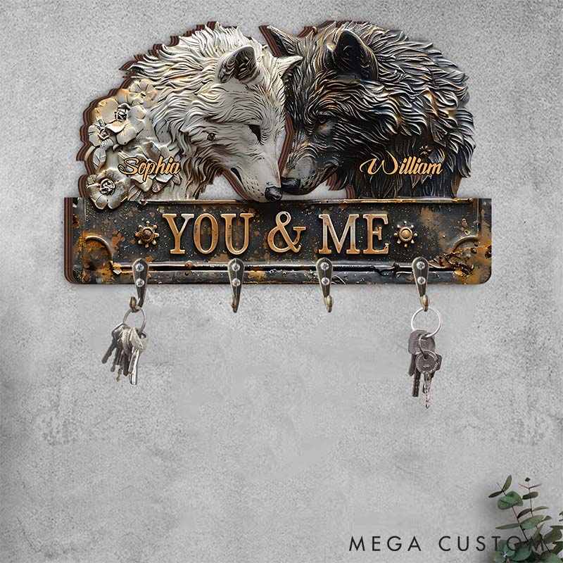 Personalized Retro Wolf Couple You and Me We Got This Wooden Key Holder Custom Shaped Graphic 3D Printed Key Hanger Anniversary Valentine's Day Gift