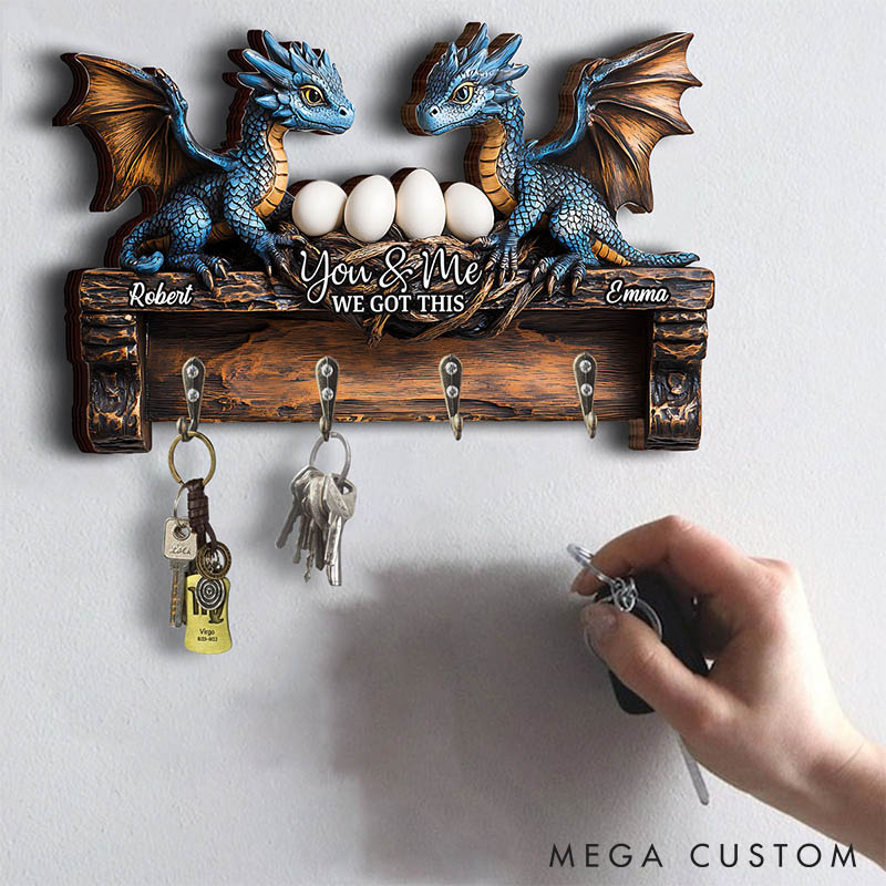 Personalized Dragon Couple with Eggs You and Me We Got This Wooden Key Holder Custom Shaped Graphic 3D Printed Key Hanger Valentine's Day Gift