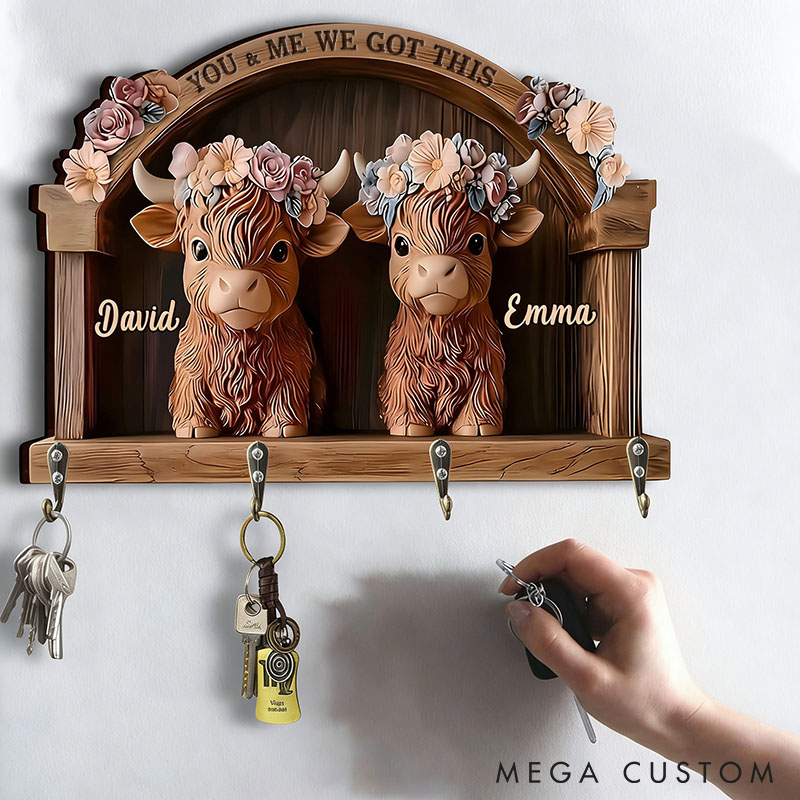 Personalized Floral Highland Cow Couple You and Me We Got This Wooden Key Holder Custom Shaped Graphic 3D Printed Key Hanger Valentines Day Gift