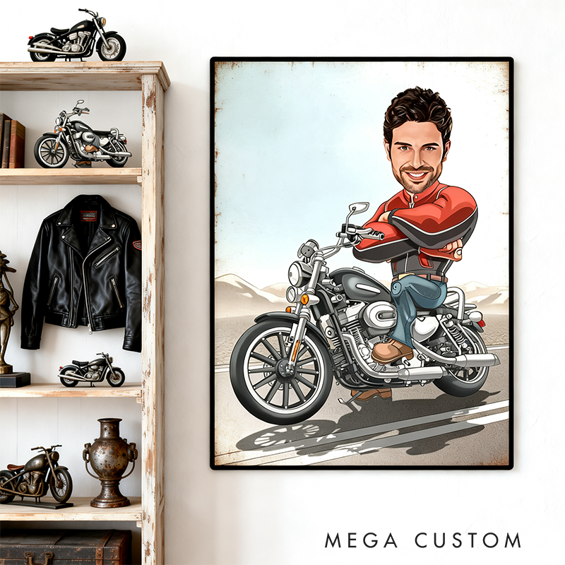 Personalized Biker Gifts Custom Motorcycle Cartoon Portrait from Photo Funny Rider Digital Poster Birthday Gift for Him