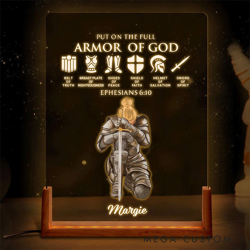 Personalized Put the Full Armor of God Wooden Base LED Night Light with Custom Name Religious Gift Prayer Best Gift for her