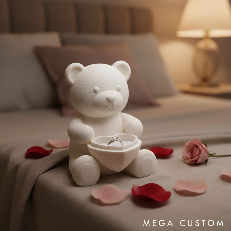 Personalized Couple White Teddy Bear Heart Ring Holder Custom Engagement 3D Printed Bear Ring Box for Newlyweds Valentines Day Gift for Him Her