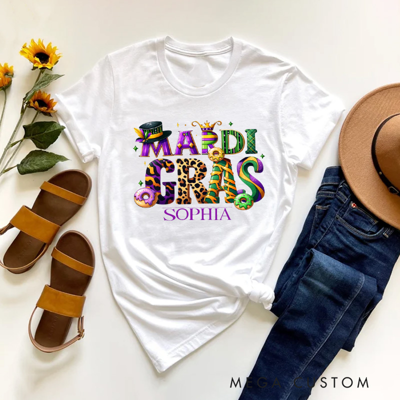 Personalized Mardi Gras Donut Classic T-shirts King Cake Shirt with Name Louisiana Tee Carnival Coquette Tee Gift for Women Her Baking Lover