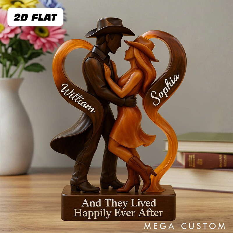 Personalized Cowboy Cowgirl Couple Happily Ever After 2D Flat Acrylic Plaque Elegant Love Keepsake Valentines Gift for Wife Husband Anniversary Gift for Him Her