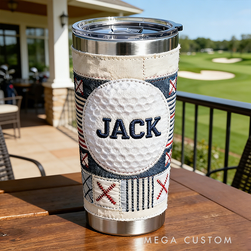 Personalized Golf Ball Embroidered Stainless Steel Tumbler – Custom Name Insulated Cup for Golf Enthusiasts