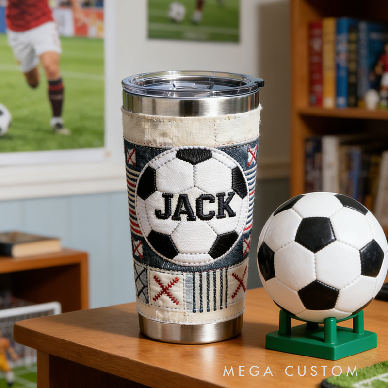 Personalized Custom Soccer Ball Embroidered Insulated Tumbler – Personalized Stainless Steel Cup for Soccer Fans