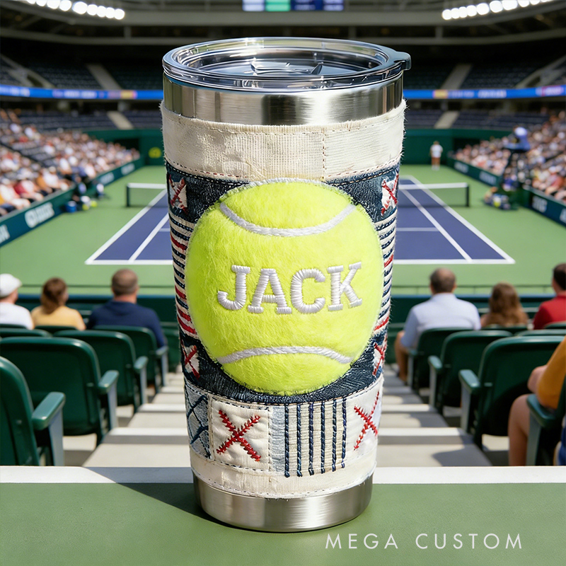 Personalized Tennis Ball Embroidered Stainless Steel Tumbler – Custom Name Insulated Cup for Tennis Enthusiasts
