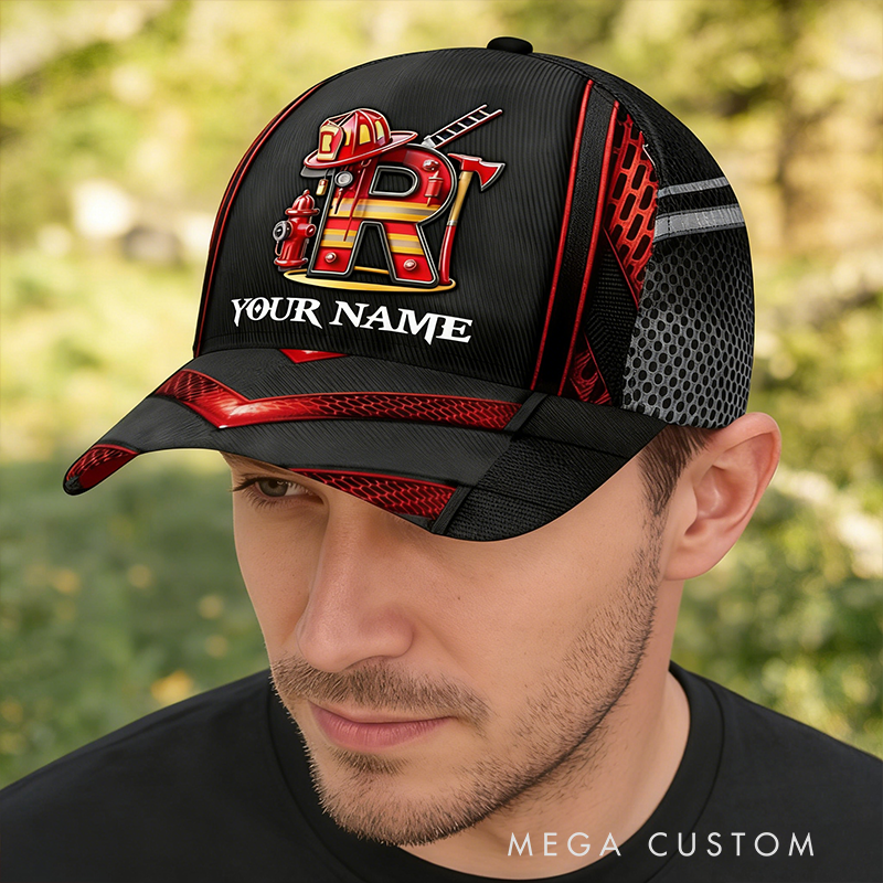 Personalized Firefighter Gifts Custom Name and Initial Alphabet Full Print Cap Firefighter Themed Hat for Man
