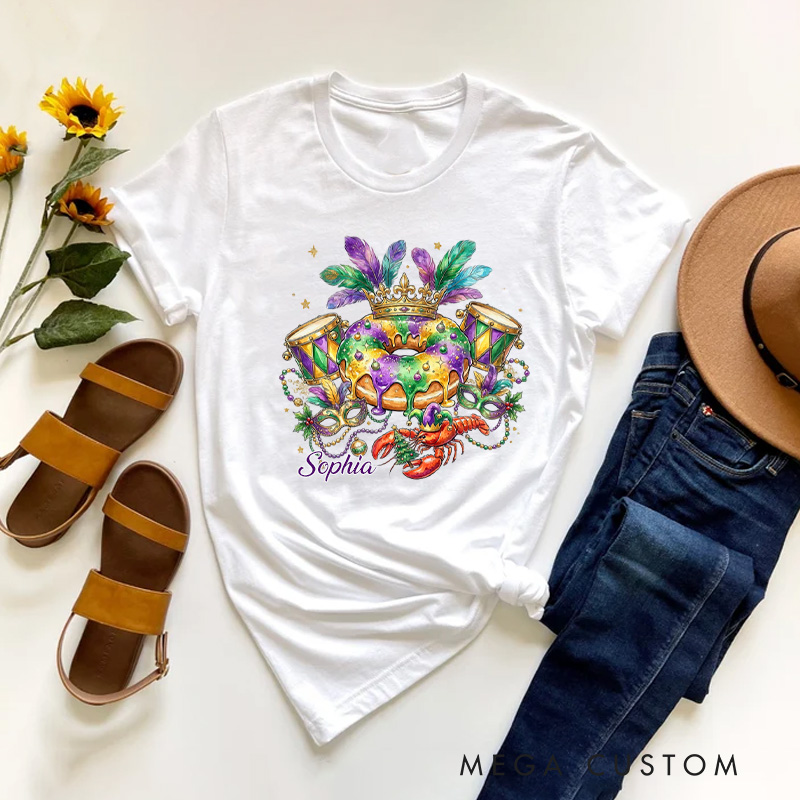 Personalized Mardi Gras King Cake Classic T-shirts Louisiana Carnival Graphic Tee with Name Fat Tuesday Festival Top for Donut Lover Baker Baking Lover