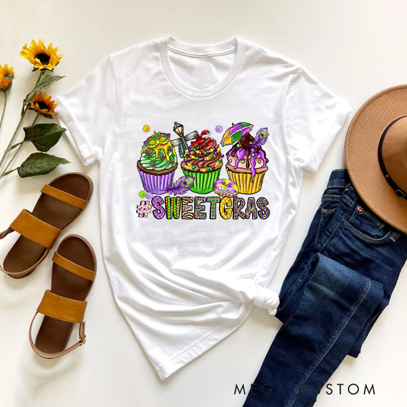 Personalized Sweet Mardi Gras Classic T-shirts Mardi Gras Cupcake Tee with Name Sweet Gras Shirt for Donut Lover Baker Baking Lover