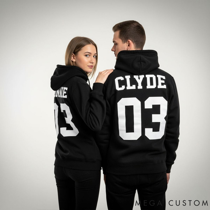 Personalized Couple Bonnie and Clyde 03 Matching Hoodie Custom Couple Sweatshirt with Name and Number Anniversary Valentine's Day Gift for Him Her