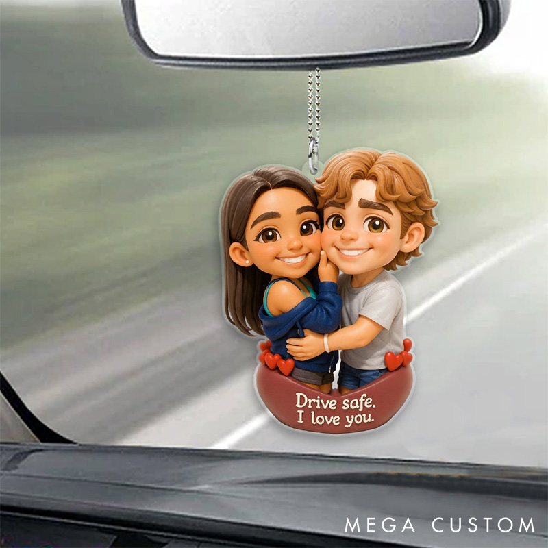 Personalized Couple Transparent Car Ornament Custom 2D Flat Couple Car Ornament Drive Safe Handsome I Love You Couple Anniversary Valentines Gift