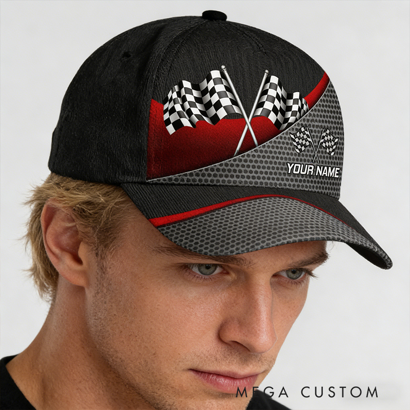 Personalized Racing Gifts Custom Name Full Print Checkered Flag Cap Racer Baseball Hat Motorsport Gift for Racing Lovers Men and Women