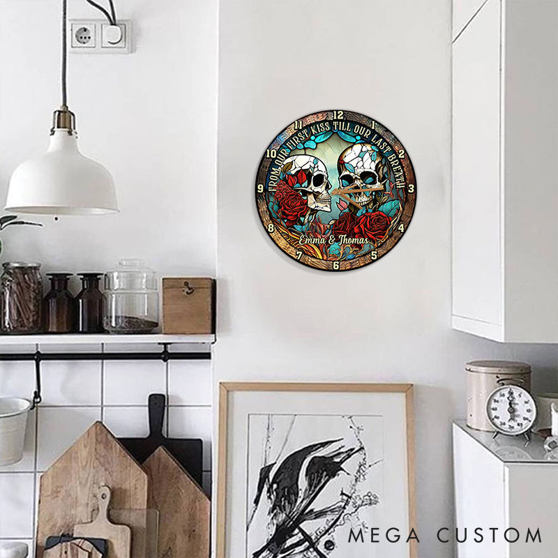 Personalized Skeleton Couple From Our First Kiss Till Our Last Breath Wall Clock Custom Retro Gothic Graphic 3D Printed Wall Clock Valentines Day Gift