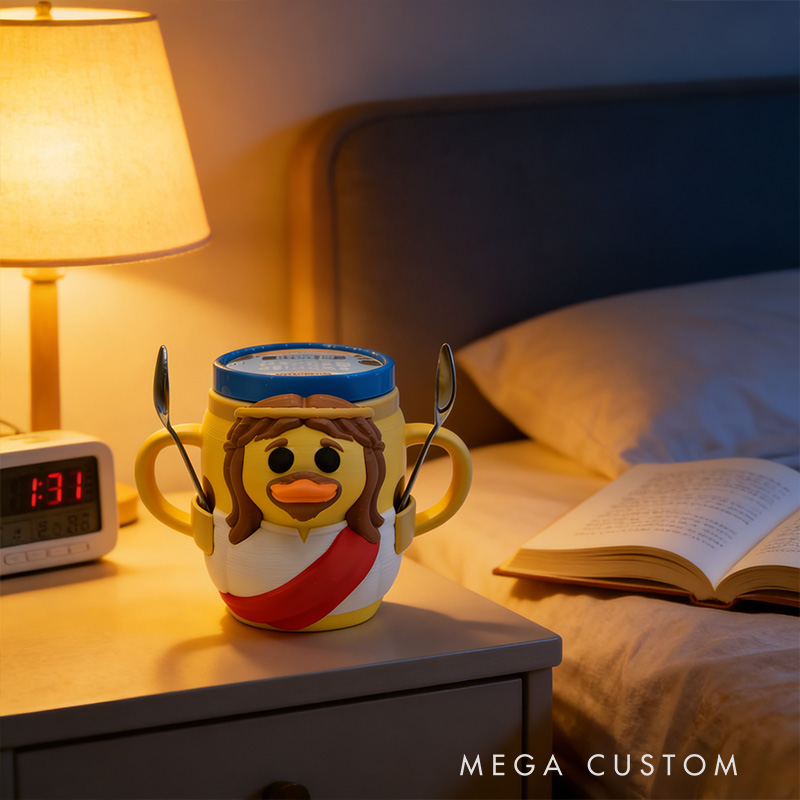 Personalized Jesus Duck Ice Cream Cozy Pint Holder 3D Printed with Spoon Slots Religious Gift for Jesus Lover Ice Cream Lover