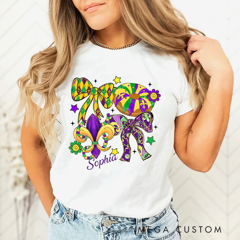 Personalized Mardi Gras Coquette Classic T-Shirts Preppy Bow King Cake Coquette Tee with Name Shirt for Donut Lover Baker Baking Lover