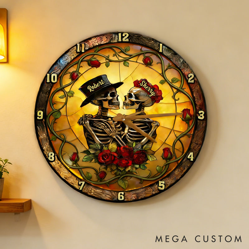 Personalized Skeleton Couple From Our First Kiss Till Our Last Breath Wall Clock Custom Gothic Rose Graphic 3D Printed Wall Clock Valentines Day Gift