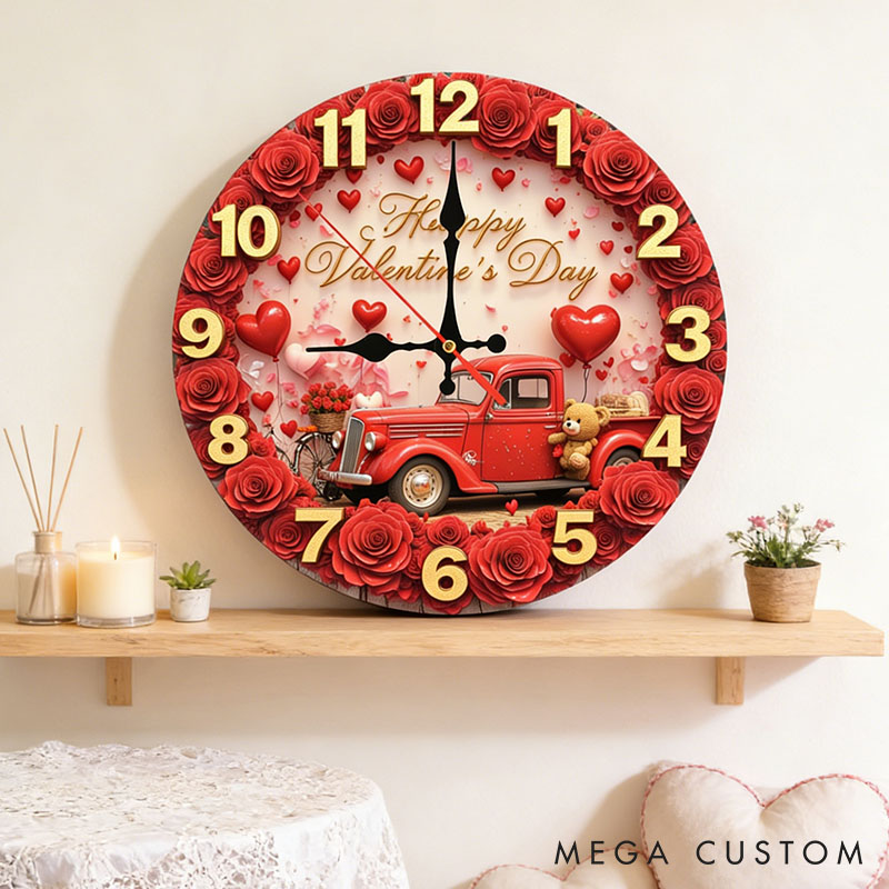 Personalized Couple Happy Valentine's Day Wall Clock Custom Vintage Red Truck with Rose and Bear Graphic 3D Printed Wall Clock Valentines Day Gift