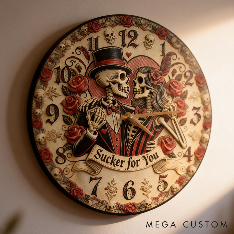 Personalized Skeleton Couple Sucker for You Wall Clock Custom Gothic Rose Graphic 3D Printed Wall Clock Anniversary Valentines Day Gift for Him Her