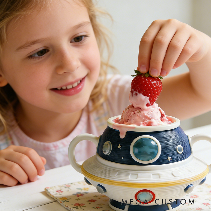 Personalized Flying Saucer Ice Cream Cup Holder 3D Printed with Dual Scoop Slots Heartwarming Children's Birthday Gift