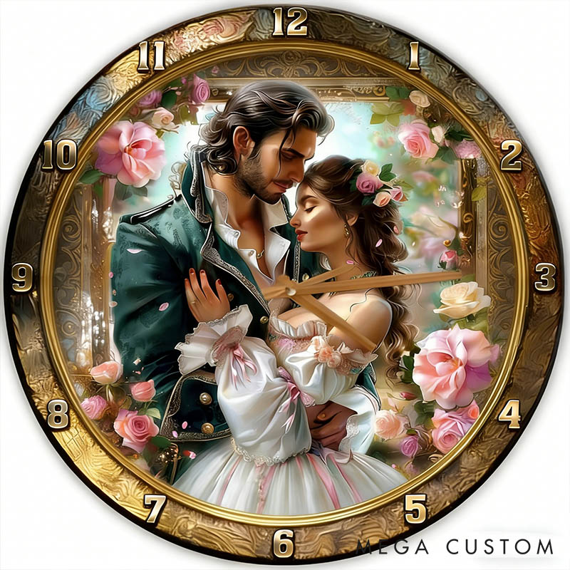 Personalized Couple Photo Romantic Floral Wall Clock Custom Court Style Watercolor Floral 3D Effect Wall Clock Anniversary Valentines Day Gift