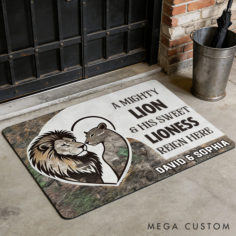 Personalized Lion Couple Doormat A Mighty Lion and His Sweet Lioness Door Mat Custom Couple Lion Home Decor Anniversary Gift