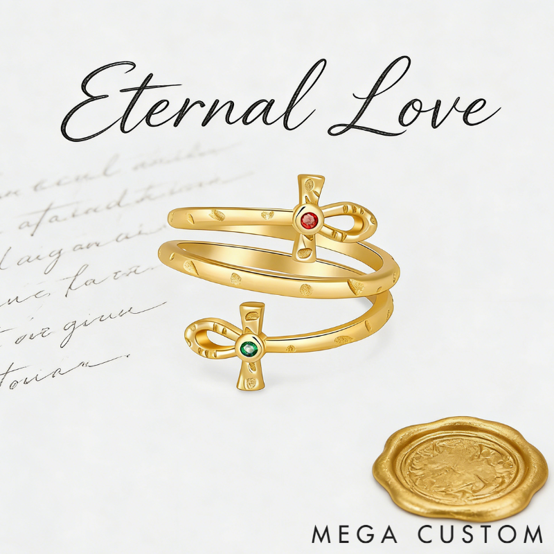 Personalized Sterling Silver Double Ankh Wrapped Ring Custom Text and Birthstone