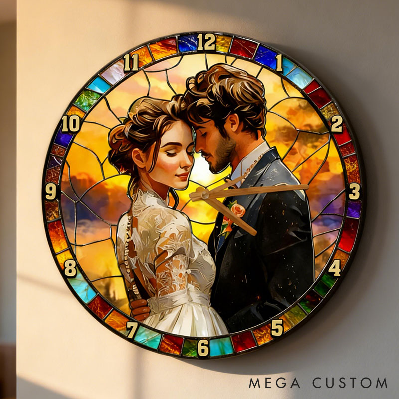 Personalized Couple Photo Stained Glass Design Wall Clock Custom Watercolor 3D Effect Wall Clock with Couple Photo Anniversary Valentines Day Gift