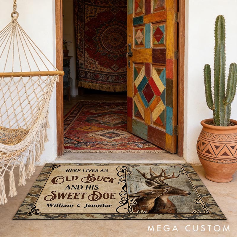 Personalized Deer Here Lives Old Buck Sweet Doe Doormat Custom Rustic Deer Couple Doormat Couple Holiday Anniversary Gift