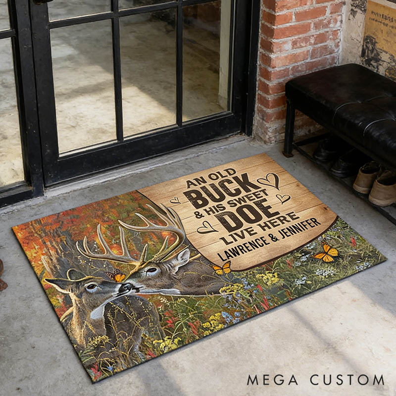 Personalized Rustic Deer Couple Doormat An Old Buck and His Sweet Doe Live Here Couple Anniversary Valentines Gift