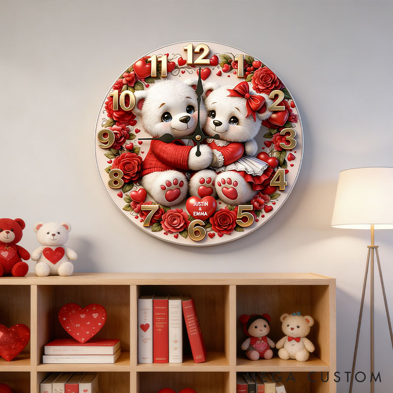 Personalized Bear Couple Happy Valentine's Day Wall Clock Custom Red Rose Bear with Heart 3D Effect Wall Clock Anniversary Valentines Day Gift
