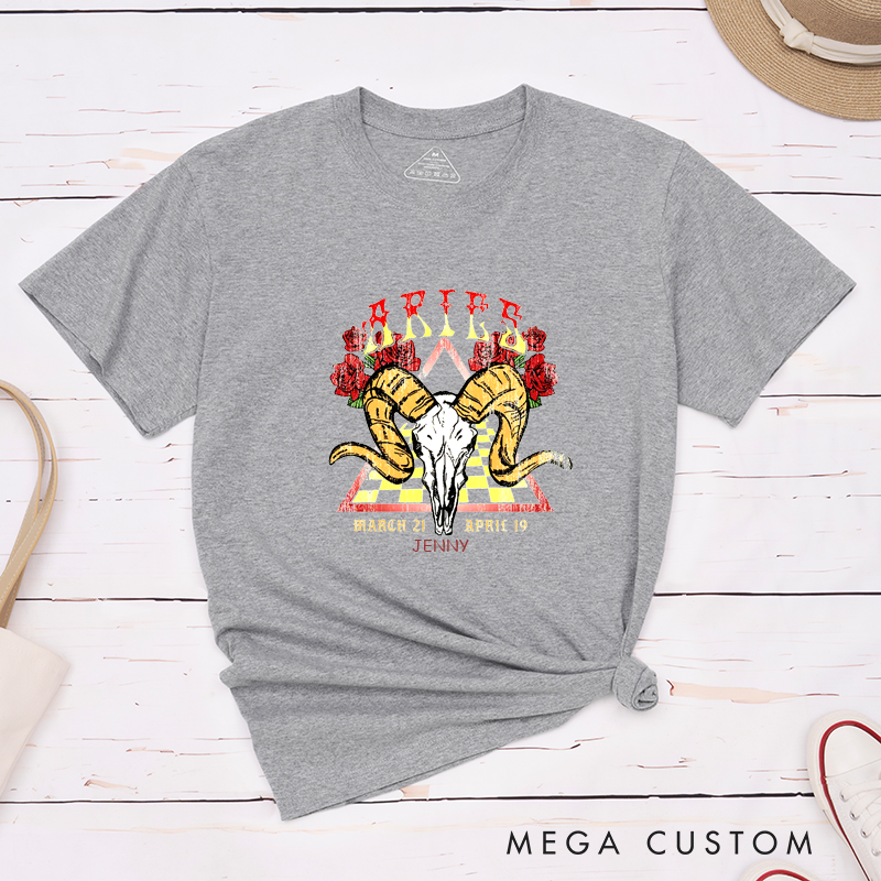 Personalized  Classic T-Shirt Aries Zodiac Ram Skull Graphic Custom Name Unisex Tee Birthday Gift for Horoscope Fans