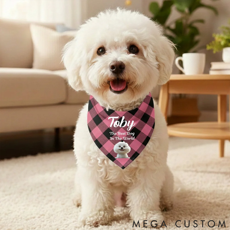 Personalized Dog Lover Multicolor Plaid 3D Cartoon Soft Pet Bandana with Pet Name and Text Pet Holiday Accessories Birthday Gift for Pet Owners Lovers Bandana