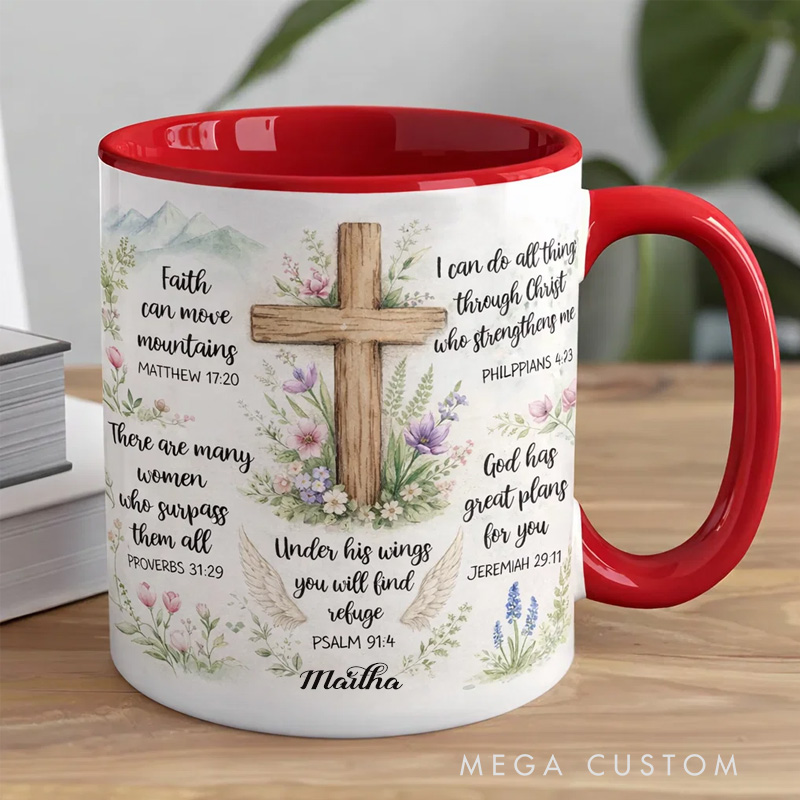 Personalized Floral Cross Bible Verse 11oz Ceramic Mug with Custom Name Religious Coffee Mug Christian Gift Faith Quote Gift