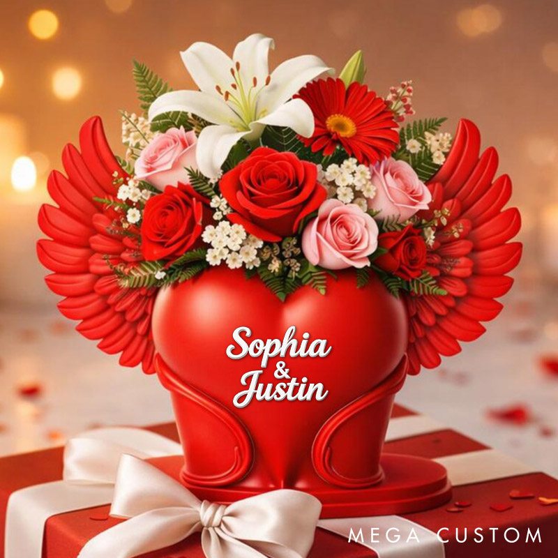 Personalized Valentine's Day Heart with Wings Flower Vase Custom Couple 3D Printed Red Heart Flower Vase with Text Valentine's Day Anniversary Gift