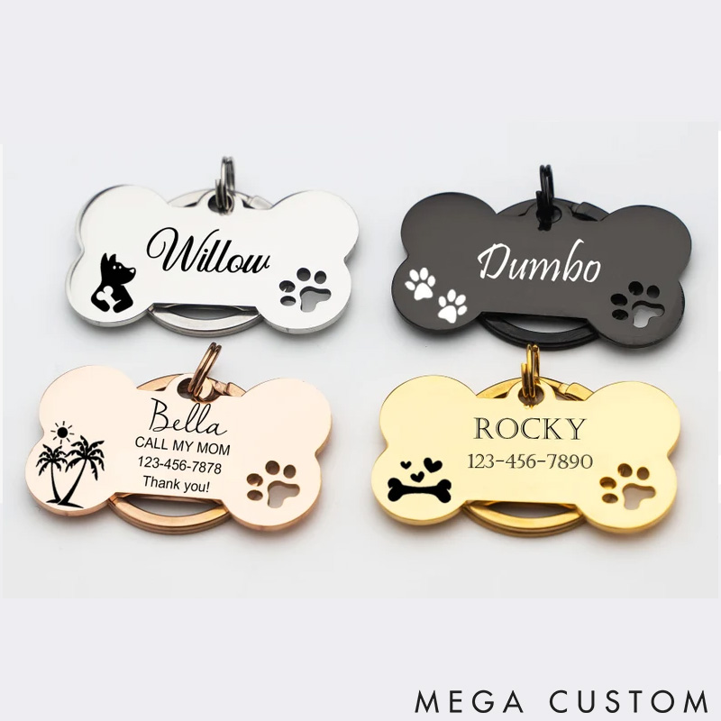 Personalized Cute Dog Tag Personalized for Dog Custom Bone Dog Tags Dog Name Tags Puppy Dog Tag Stainless Steel Pet ID Tag